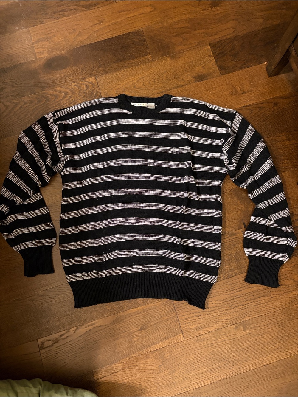 Liz Claiborne Vintage Black and Gray Striped Crewneck Sweater 100% Cotton M